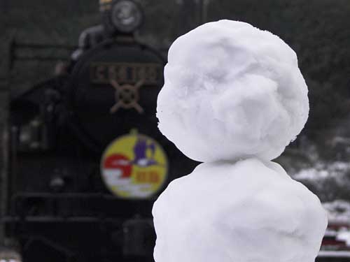 Snowman and steam locomotive.